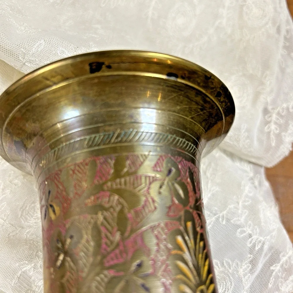 VTG Etched 14 inch Indian Brass Vase Colored Inlay Botanical Pattern Boho MCM